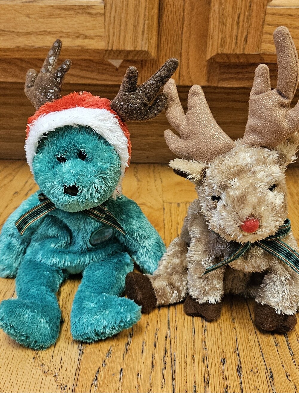 TY Beanie Babies 2 Christmas Themed - Reindeer Rudy and 2002 Holiday Teddy